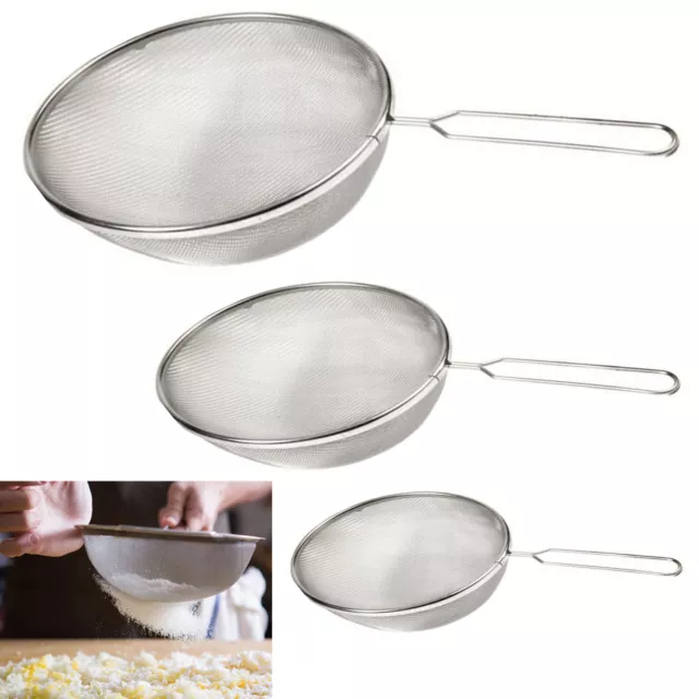 3 Pc Strainer Handle Fine Mesh Colander Sieve Flour Sifter Kitchen Food Drainer