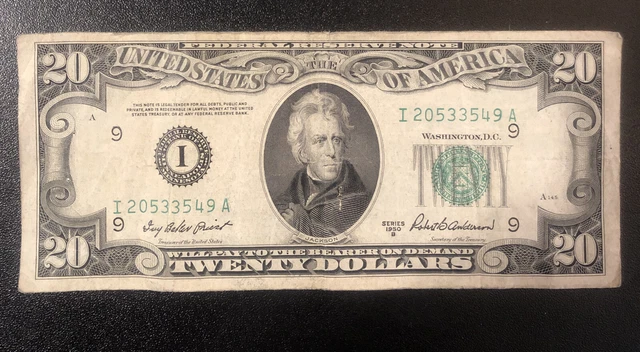 1950-B Twenty Dollar $20 Green Seal Federal Reserve Note Currency # I20533549A