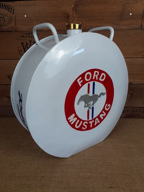 Retro vintage style white Ford Mustang Car Oil petrol can Round shaped