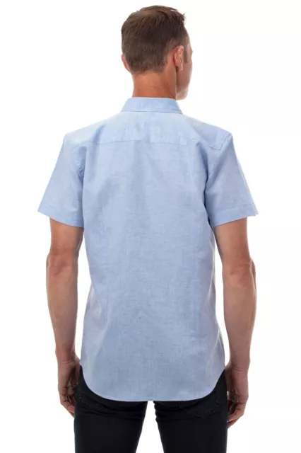 Ugholin Camisa para Hombre Lino y Algodón de Manga Corta Cuello con Botones Azul 3