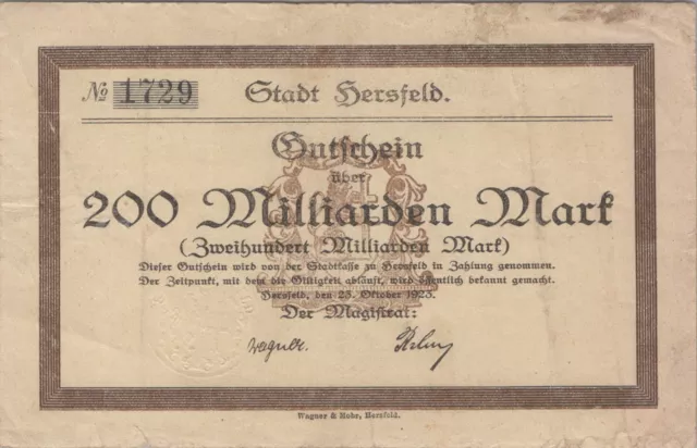 Notgeld Bad Hersfeld 200 Zweihundert Milliarden Mark 1923