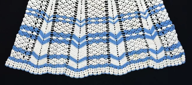 Vintage Hand Crocheted White Blue Striped Scalloped Bottom Half Apron 3