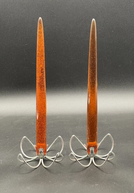 Lucite Acrylic Taper Candle MCM Orange w/ Flecks Silver Flower Holders Vtg