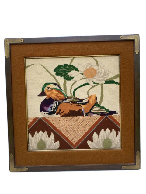 Vintage Cross Stitch Framed Art Duck Handmade Deco Wood Brass Frame