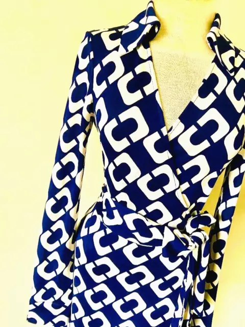 4 6 Diane Von Furstenberg Jeanne Sapphire Blue Chain Link Silk Wrap Dress Nwot