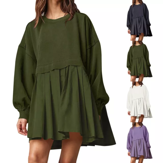 Women Oversize Crew Neck Long Sleeve Patchwork Baggy Flowy Sweatshirt Mini Dress