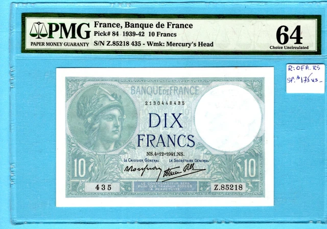 France-Note: 10 Frs year 1941; Ref.Pick#84; Grade PMG-64..Cat:$$285