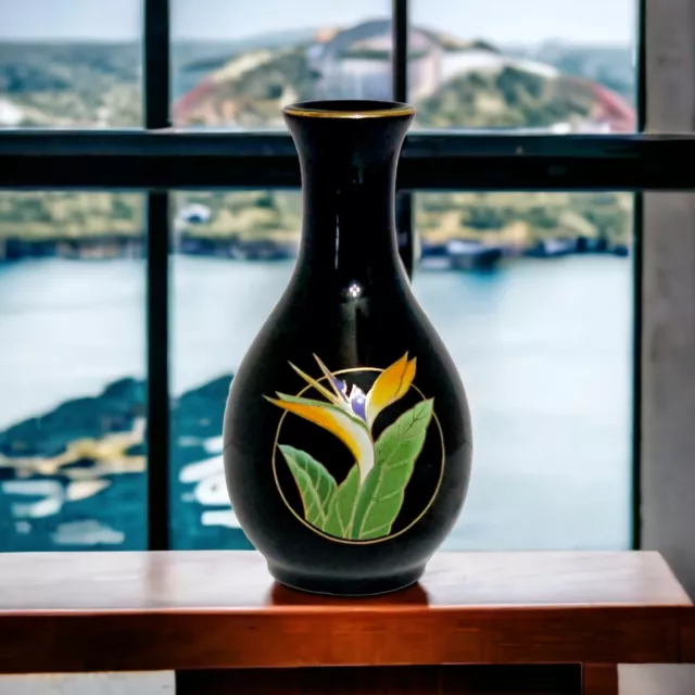 Vintage Otagiri Miniature Bird Of Paradise  Black Vase Gold Trim