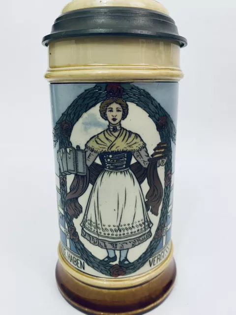Mettlach 2939 Antique German Beer Stein Barmaid .5 Liter Gift with handle repair