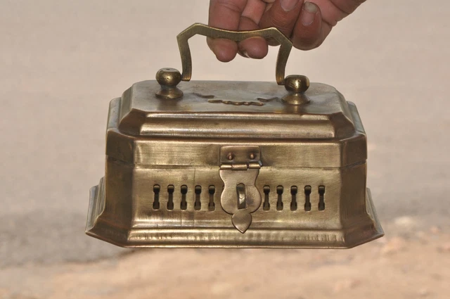 Vintage Brass 6 Compartments Jali Cut Handcrafted Betel Nut Box , Rich Patina