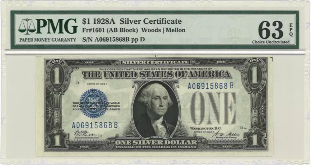 1928A $1 Silver Certificate Fr#1601 (AB Block) PMG Ch UNC 63 EPQ