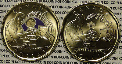 BU 2x Canada 2022 Oscar Peterson colored & plain $1 dollar loonie coin mint roll