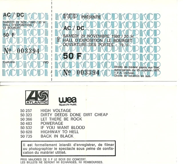 RARE / TICKET Billet De Concert - Ac/Dc Ac / Dc : Live A Paris ( France ...