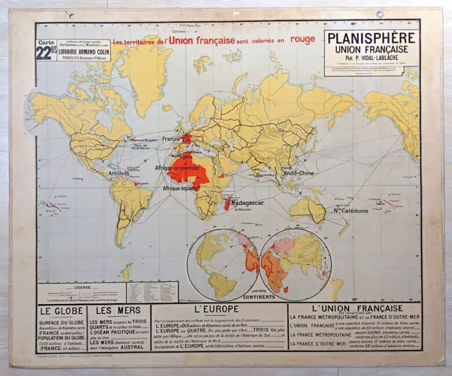 🌎 Ancienne carte scolaire Vidal-Lablache 22, 1950 - Planisphère monde, colonies 2