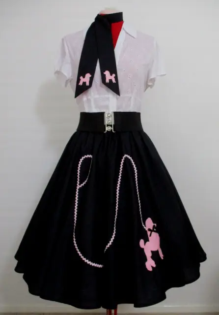Rock N Roll Skirt~ Poodle Skirt & Scarf ~ Black ~Pink Poodle ~Size  Med/ Lge