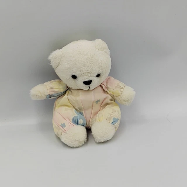 Ancien doudou peluche ours blanc rose bleu jaune beige fleurs - 30376 2