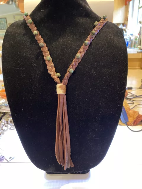 Braided Leather & Turquoise necklace with tassel Unique Boho Hippie