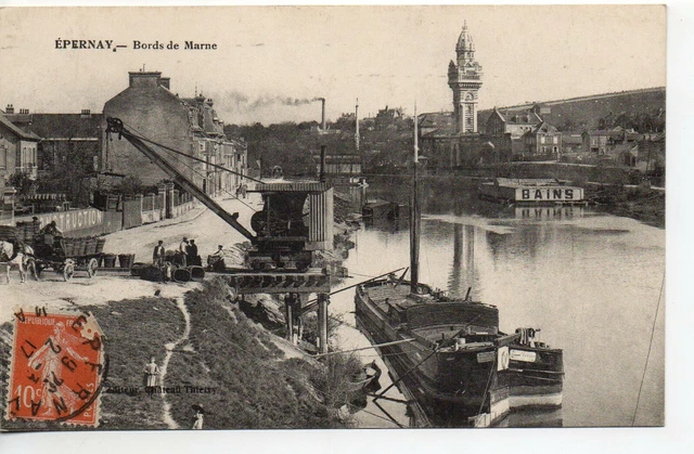 EPERNAY - Marne - CPA 51 - Péniches - bords de Marne  - quais déchargement