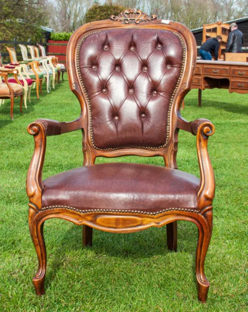 French Louis XV Carved Walnut Brown Leather Button Back Armchair! SOM993