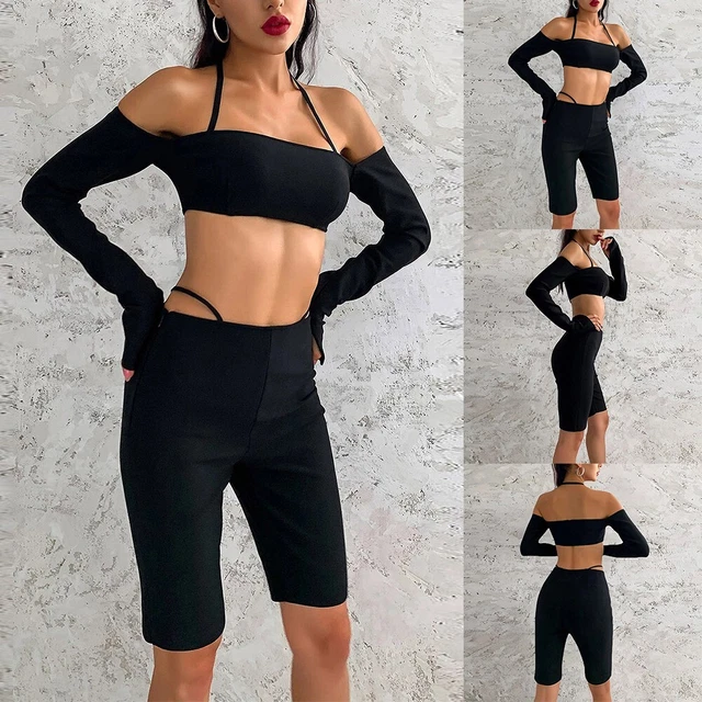 Top tubolare nero a maniche lunghe e set pantaloncini per tuta sportiva abito da