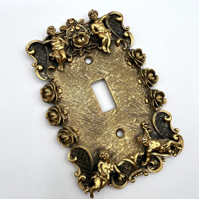 VINTAGE BRASS LIGHT SWITCH COVER Cherub Angels & Flowers FLORENTA OF CALIFORNIA