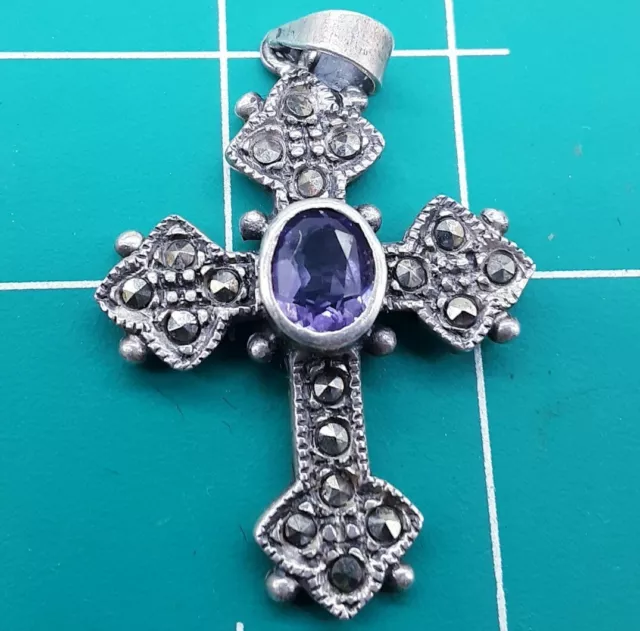 Vintage Necklace Pendant 925 STERLING SILVER Marcasite Cross Amethyst signed