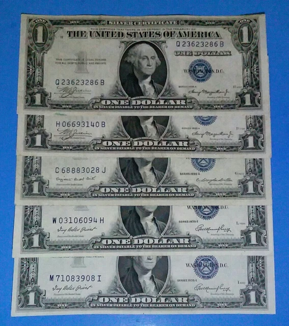 5 ~1935 A, E & G $1 Silver Certs! Vf. Crisp ! Old Us Currency! Nice!