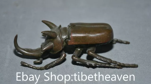4.4" Rare Old China Red Copper Feng Shui Xylotrupes Dichotomus Locust Statue