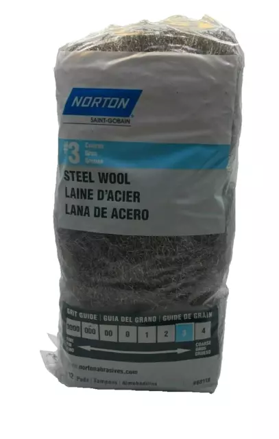 Norton Saint-Gobain #3 Course Steel Wool 12 Pads - 1 Bag