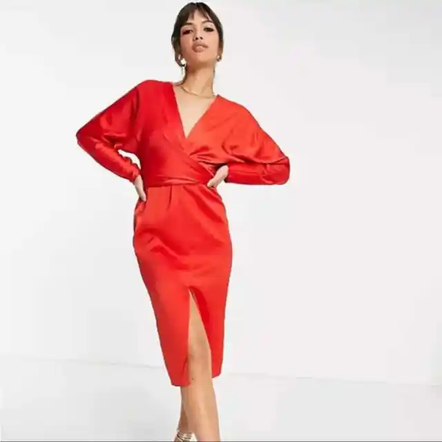 ASOS DESIGN Red Satin Wrap Midi Dress with Batwing Sleeve Size 4