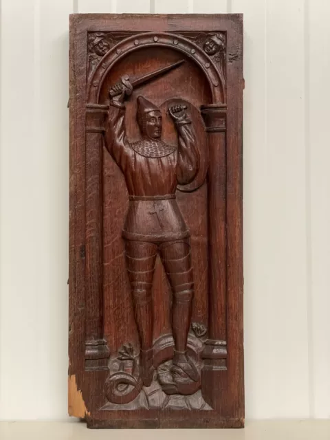 Stunning Gothic Revival Saint George & the Dragon panel / Knight in oak