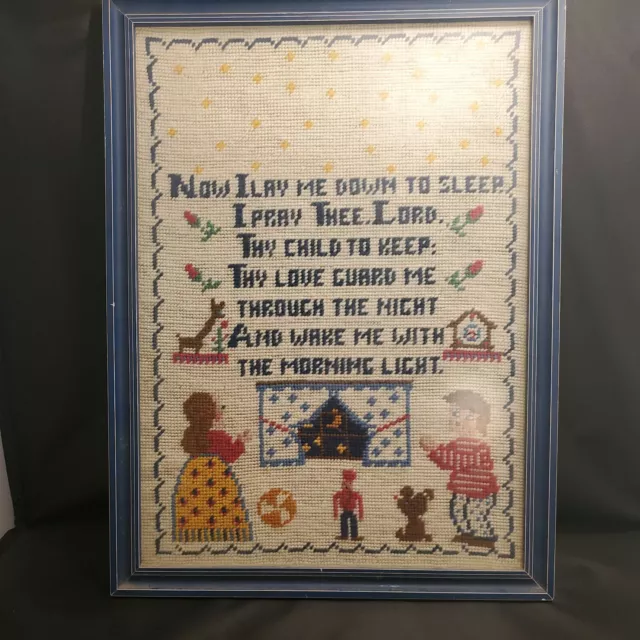 Vintage Now I Lay Me Down To Sleep Prayer Needlepoint Embroidery Sampler Framed