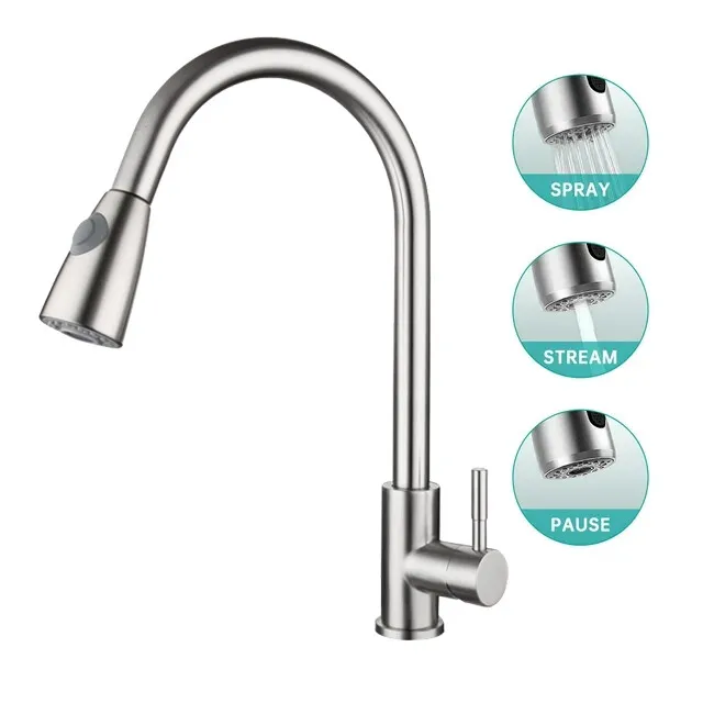 Kitchen Sink Faucet Brushed Nickel Single Handle Swivel Pull Down Sprayer Mixer