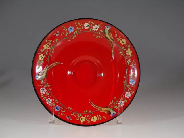 Wonderful Vintage Czech Glass Red Bowl with Handpainted Birds & Flowers c.1930