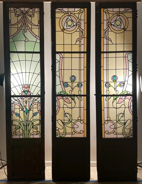 Three 104" Tall French Antique Art Nouveau Leaded/Stained Glass Window/Doors