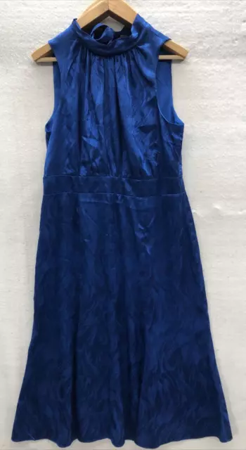 Donna Morgan Dress Size 14 Blue Swish Pattern Satin Mock Neck Sleeveless