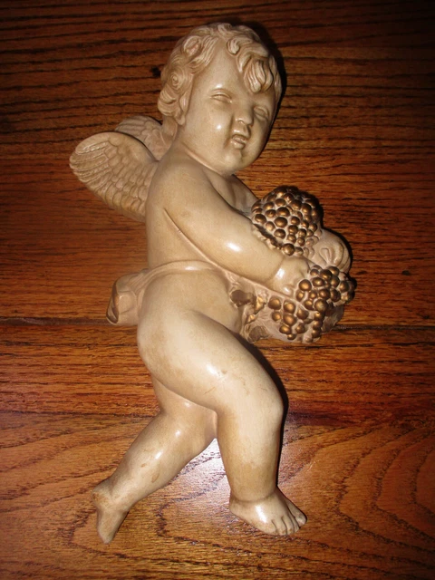 Fabulous Old Plaster Vintage Putto With Grapes Wall Hanger 11"Tall