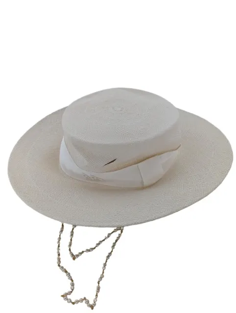 RUSLAN BAGINSKIY White Hats Double Chain Strap Boater Hat Size L NEW RRP 300