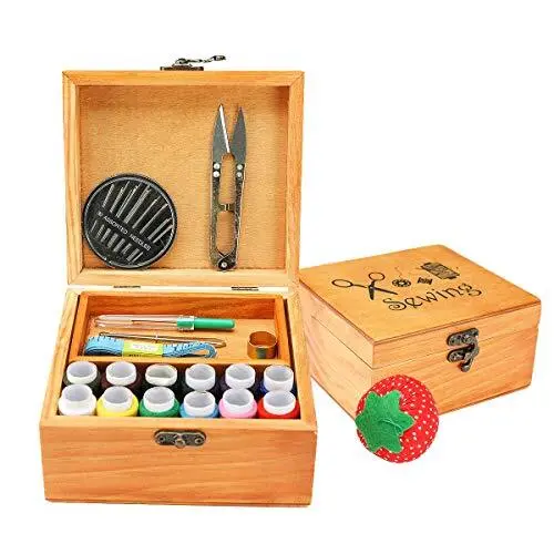 Sewing Kit Wooden Sewing Kit Box for Adults Wooden Sewing Basket with Accesso...