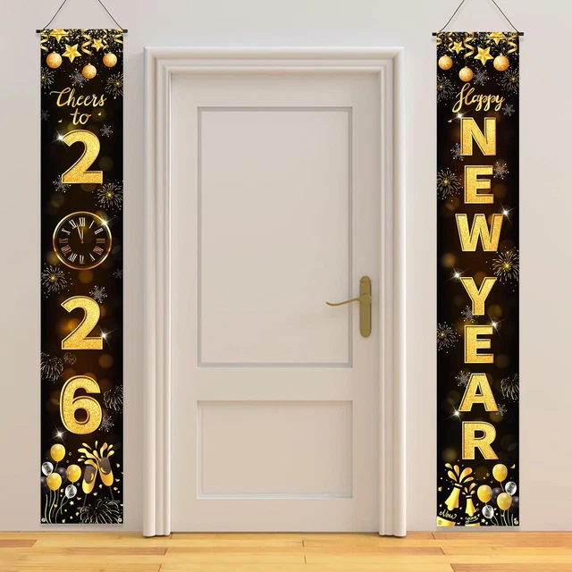 HOWAF Silvester Deko 2026 – Neujahrs Banner – Schwarz Gold – 185x110 Cm – Stoff – Happy New Year Hintergrund Für Partys & Fotos Neujahrsdeko Schwarz Gold
