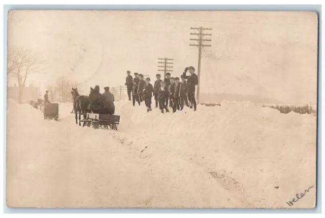 c1910's Children Snow Horse Sleigh Candid New Castle IN RPPC Photo Postcard