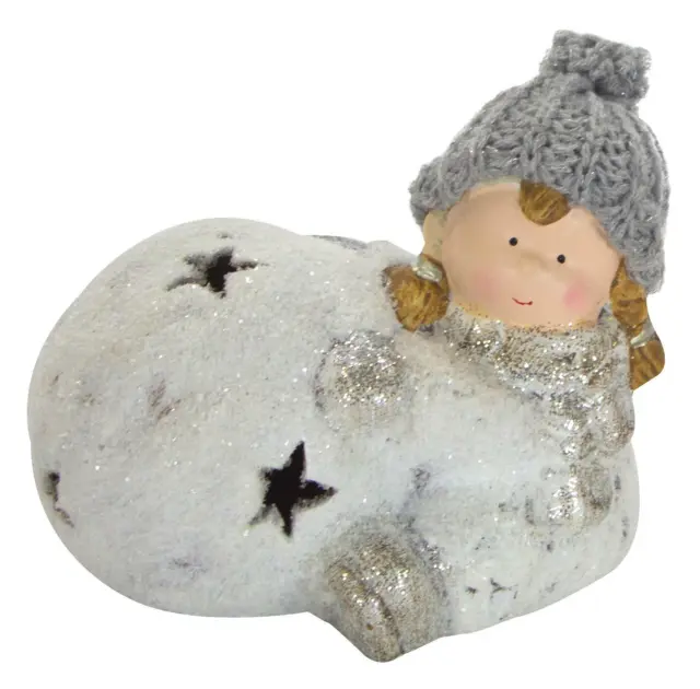 Deko Figur Mädchen mit Schneeball mit Sternen und LED - Winterkind Wintermädchen 3