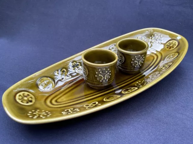 Lord Nelson Pottery unusual set with a pair of egg cups and plate - Olive green