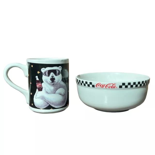 Coca Cola Gibson 1996 Polar Bear Coffee Mug + Checkered Rim Bowl Set Ceramic