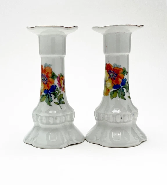 Early 20Th Century Pair Of Ceramic Candlesticks With Flowers Czechoslovakia