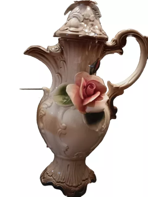 Vintage Capodimonte Italian Porcelain Rose Large One Handle Vase. Stands 18”.