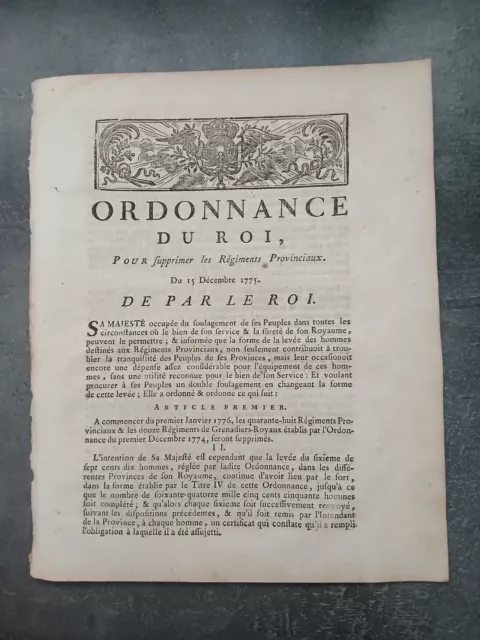 Décret Loi Ordonnance Louis XVI SUPPRESSION REGIMENTS PROVINCIAUX