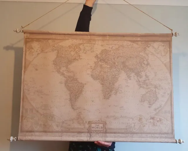 Vintage Large World Map Canvas Scroll Metal Sign School Geography Antique Enamel