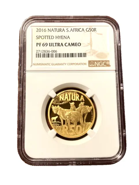 South Africa 2016 Gold 1/2 oz 50 Rand Natura NGC PF69UC Spotted Hyena