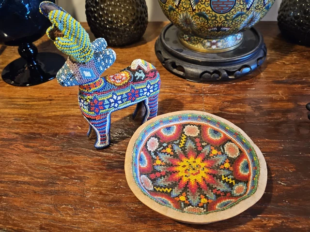Vintage Huichol Tribe Bead Art Beaded Deer Bowl